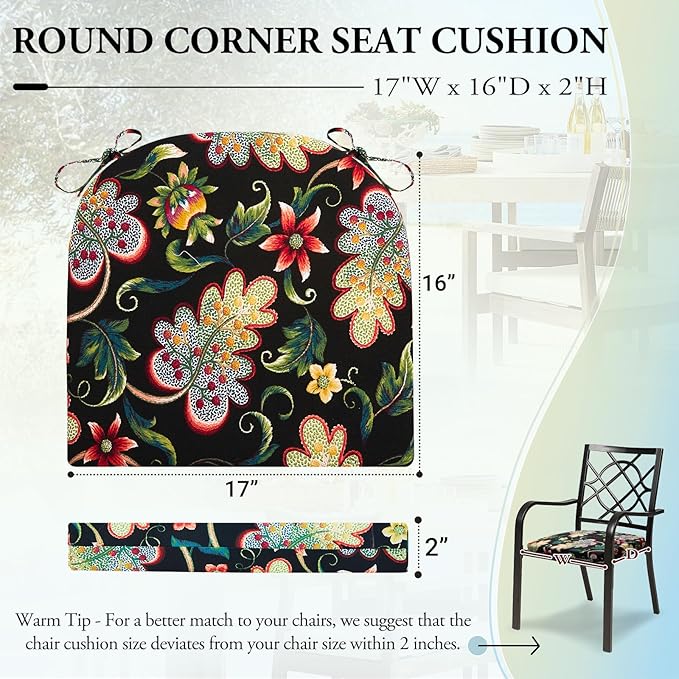 Wellsin Outdoor Chair Cushions for Patio Furniture - Patio Chair Cushions Set of 2 - Water Resistant Round Corner Outdoor Seat Cushions 17"X16"X2", Flower Black