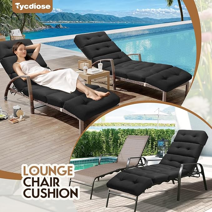 All Weather Chaise Lounge Cushions Outdoor Lounge Chair Cushion, Waterproof Memory Foam Chaise Lounger Chair Cushion Replacement for Outdoor Patio Furniture with Non-Slip Back and Ties, Black