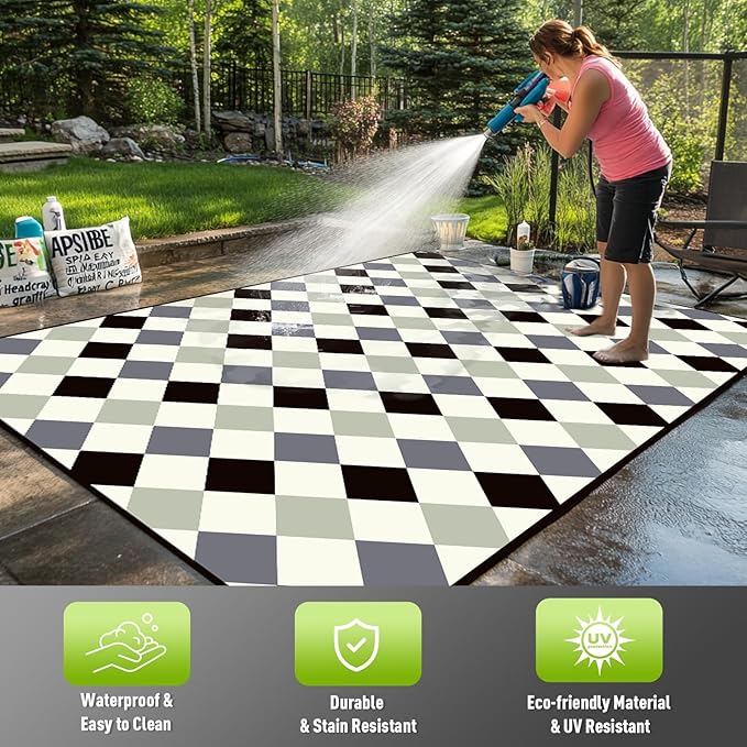 WILDROOTS 5x8 Feet Bega Blocks Plastic Outdoor Rug, Stain Resistant Waterproof Reversible Outdoor Patio Rug, Fade Resistant Camping Rug