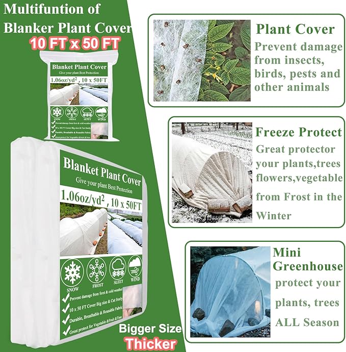 10X50FT Plant Covers Frost Protection Kit, Garden Hoops Kit for Winter Oudoot Plants, Floating Row Cover Frost Cloth Plant Blankets for Freeze Snow Protection, Greenhouse Hoop for Raised Beds