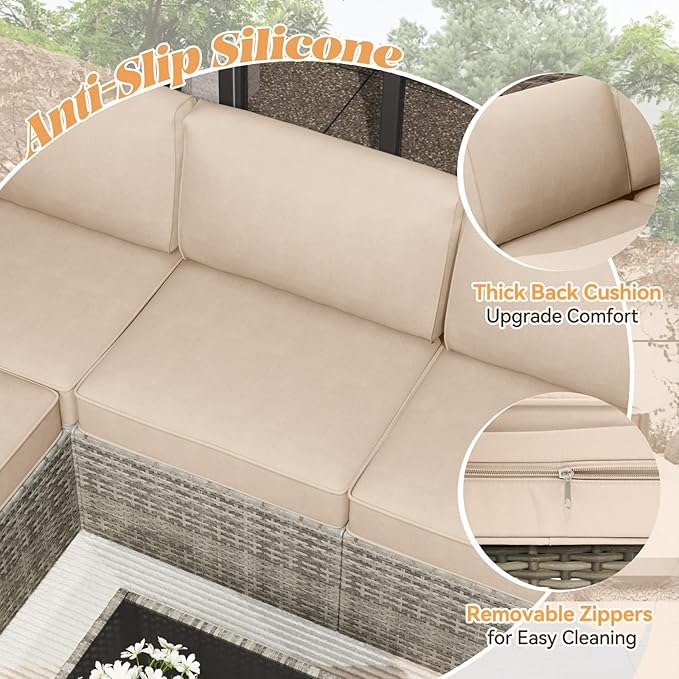 Patio Cushions for Outdoor Furniture,Water-Resistant Outdoor Cushions for 6 Seat Outdoor Sectinal,25.3"×25.3" Deep Seat Sofa Cushions, 14-Piece Outdoor Couch Cushions,Khaki