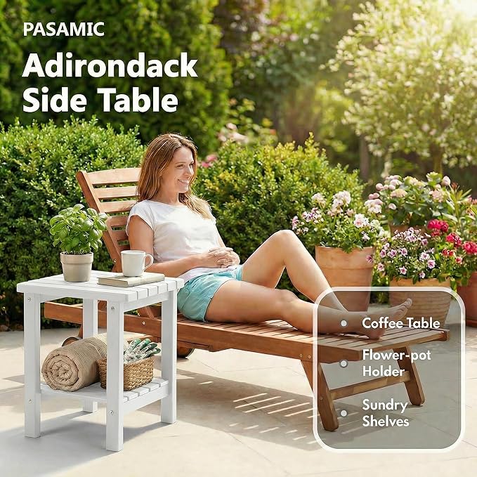 PASAMIC 2-Tier Adirondack Square Outdoor Side Table, HDPE Small Outdoor Table, Patio End Table for Patio, Pool, Backyard, Weather-Resistant (White)