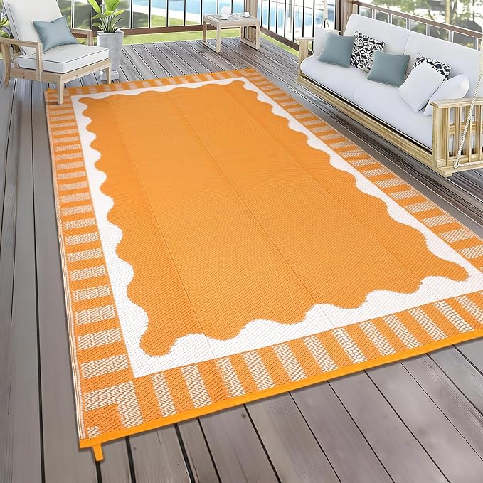 Waterproof Plastic Straw Outdoor Rug 9x18 Patio Reversible UV Resistant Foldable Camping Carpet Scalloped Border Large Outdoor Rugs for Deck, Picnic, Porch, Camper, Balcony, Beach，Orange