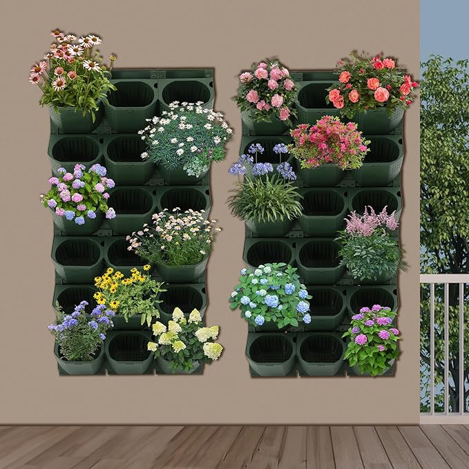 36 Pockets Vertical Wall Planter, Wall Mounted Flower Pot Holder with 180LB Capacity,10.56 oz Self Watering Pots & 36 Non-Woven Bags for Indoor Outdoor Herbs,Flowers,Strawberries (Army Green)