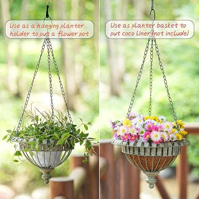 Metal Hanging Planter for Outdoor,Hand-Crafted Rusty Hanging Basket Plant Holder for Outdoor Indoor Garden, Patio, Deck, Porch, Flower Pots