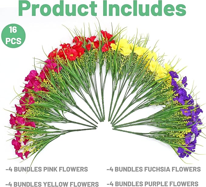 16PCS Artificial Fake Outdoor Flowers Plants, Faux Silk Realistic Morning Glory Floral Arrangement Planter UV Resistant for Porch Patio Window Box Balcony Garden Decor (Wheat Ears 4 Colors)