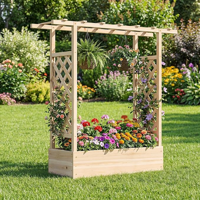 Raised Garden Bed with Trellis, Wood Planter Box w/Trellis, Hanging Roof, Drainage Holes, Freestanding Planter Raised Bed for Outdoor Climbing Plants Flowers, Patio Yard Balcony (1, Natural)