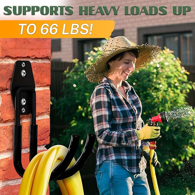 Hose Hook Wall Mount - Rust-Resistant, Scratch-Free, Strong Design, Anti-Slip Coating and Fast Setup - Garden Hose Hanger Wall Mount for Up to 66 lbs for Organizing Tools, Accessories, and Equipment
