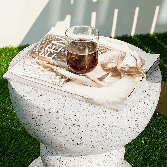 Glitzhome Outdoor Side Table, Round Accent End Table, Lightweight Faux Terrazzo Decorative Garden Stool, 17.25" H White Planter Stand for Patio Porch Balcony Living Room