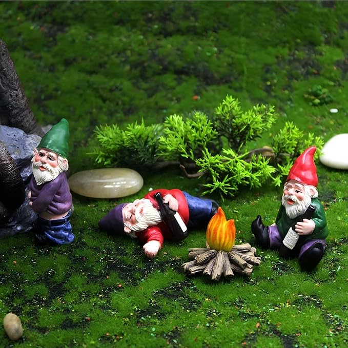 Miniature Garden Gnome Set with Campfire, 4 Piece Funny Gnome Figurines, Decorative Outdoor and Indoor Plant Pot Ornaments