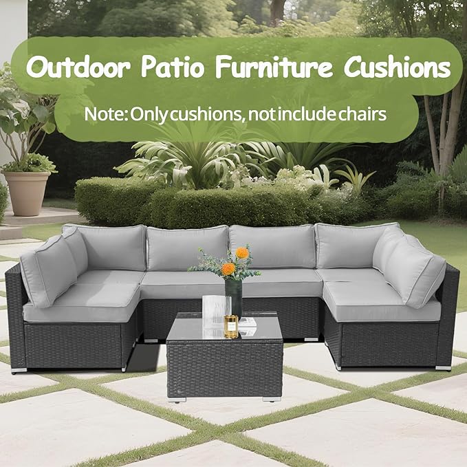 14Piece Outdoor Sofa Cushion Replacement Patio Furniture Waterproof Cushion with Zippers fit 6-Seat Outdoor Wicker Rattan Sectional Couch (Light Gray, 25.6"x25.6"x3.9")