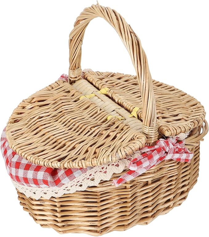 Toyvian Rattan Picnic Basket with Lid Small Wicker Lunch Basket Oval Outdoor Storage for Picnic and Garden Use 10.2X7X6 Inches