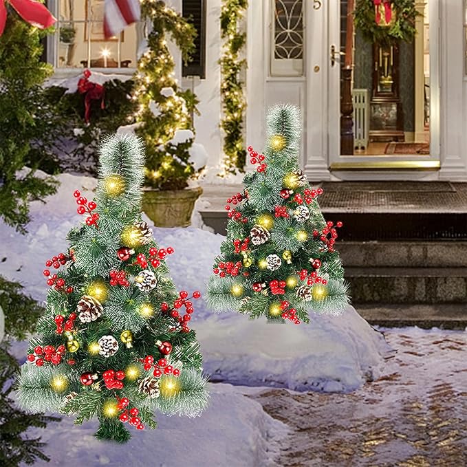 Juegoal 2 Pack 30 Inch Pre-Lit Pathway Christmas Trees, Upgrade Artificial Xmas Urn Filler with 60 LED Lights, Red Berries and Pine Cones Ornaments, Battery Operated Holiday Décor for Driveway, Yard