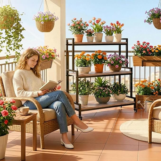 Flower Cart Display Stand with Wheels - Solid Wooden Plant Stand Shelf Outdoor - 3 Tier Patio Rolling Flower Stand - Ladder Folwer Holder Stand 37''x31'' for Florist, Garden, Wedding, Living Room, Cement Color