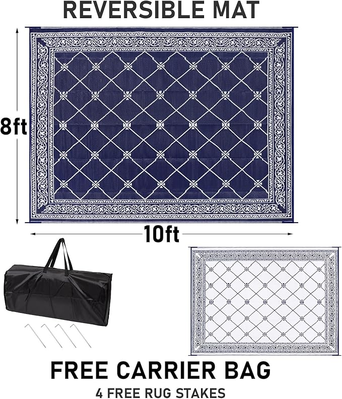 HiiARug Outdoor Rug 8'x10' for Patios Waterproof Patio Rugs Outdoor Mats for Front Porch,Beach Mat,Reversible Plastic Straw Camping Rugs for Outside RV,Deck,Balcony,Backyard Navy Blue