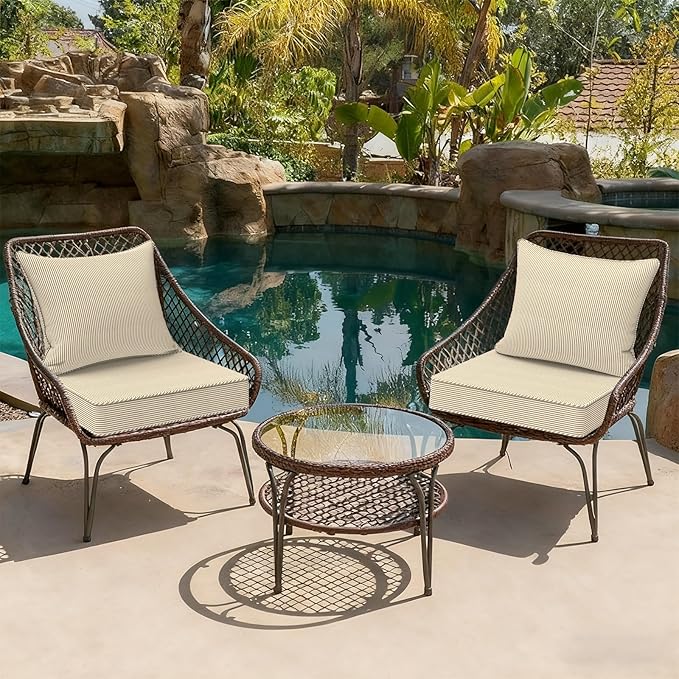 Outdoor Deep Seat Cushion Set, Water Repellent 22"x22" Patio Thick Cushions Replacement with Seat & Back Pillow for Patio Sofa, Wicker Chair, Couch - Stripe Beige