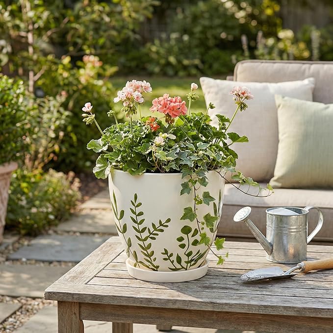 Ceramic Pot for Plants 8.2 Inch - Indoor Plant Pot with Drainage Hole and Saucer, Decorative Boho Round Outdoor Planter, Gardening Gifts for Women Men, Room Patio Office Home Decor, White
