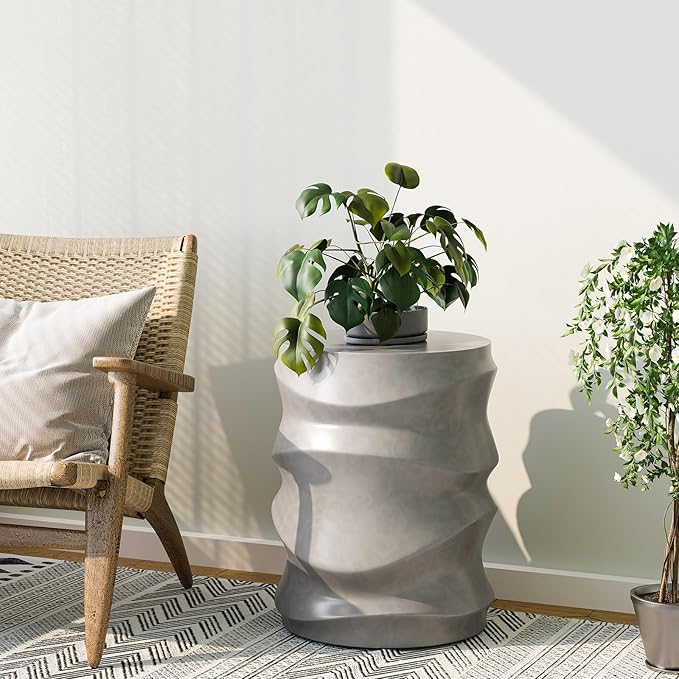 SUNBURY Outdoor Side Table Set of 2, 18" H Concrete Accent End Table Streamlined, Small Round Cement Plant Stands Table, Decorative Garden Stools for Backyard, Grey