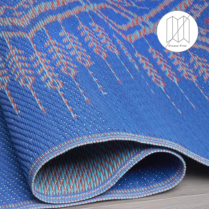 Fab Habitat Outdoor Rug - Waterproof, Fade Resistant, Crease-Free, Reversible - Premium Recycled Plastic - Boho Southwestern - Large Patio, Deck, Sunroom, Camping, RV - Jodhpur - Multi Blue - 6 x 9 ft
