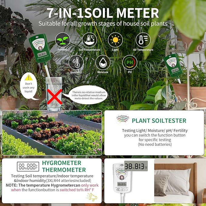 7-in-1 Soil ph Test kit, Soil Tester, Soil Meter of Moisture/Light/Fertility/PH/Soil Temp for House Plants, Soil Hygrometer Moisture Sensor for Indoor & Outdoor, Garden, Farm, Lawn Plant Care