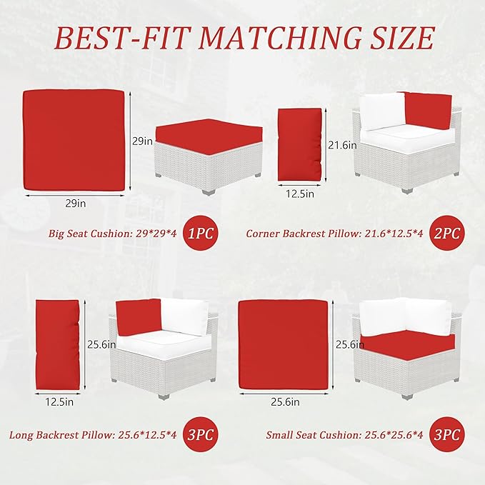 Outdoor Cushions for Patio Furniture with 5 Pillows, Waterproof Patio Furniture Cushions Replacement, 4" Deep Seat Outdoor Sectional Cushions for 4-seat Patio Furniture Chair Sofa Couch,Red