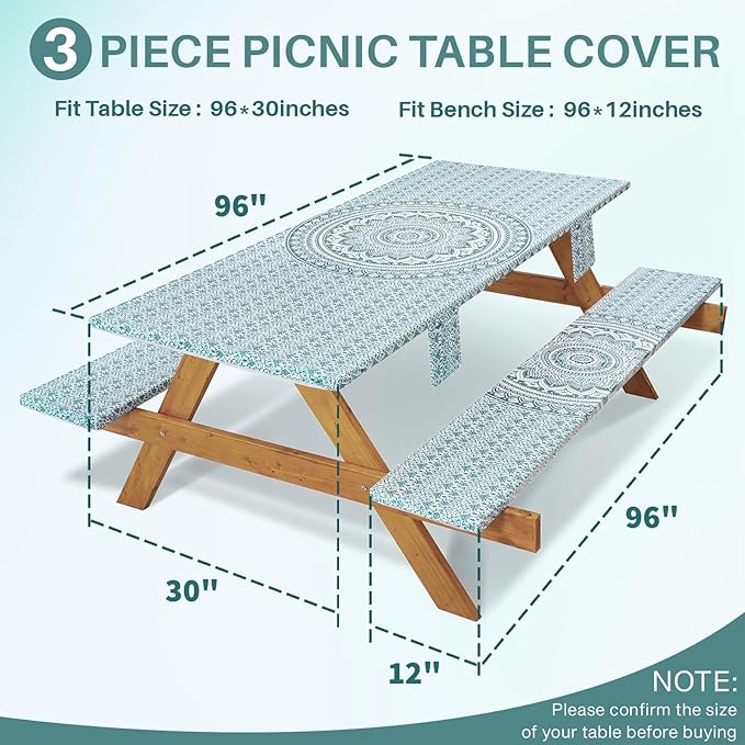 Fitted 8Ft Picnic Table Cover with Chair Covers Elastic Polyester Stain Resistant Reusable Camping Table Cloth Patio Family Glamping Things Hiking Rv Traveling Needs Gifts for Grandparents