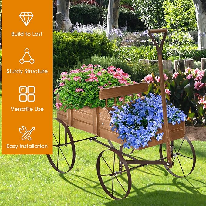 Wooden Wagon Planter with Wheels, Indoor/Outdoor Flower Cart w/Dual-Compartment & Adjustable Handle, Decorative Garden Planter for Home, Yard, Wedding (Brown)
