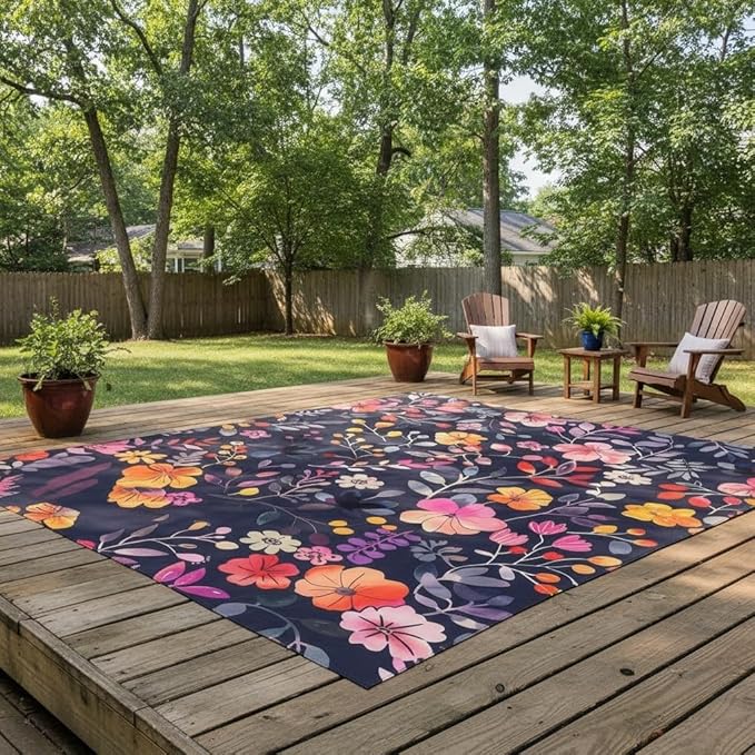 Washable Waterproof Floral Print Indoor Outdoor Rug 9x12 Black Pink Yellow Flowers Outdoor Area Rug for Garden Porch Patio Deck Camping Boho Floral Deco Balcony Pool Bedroom Low Pile Carpet Floor Mat