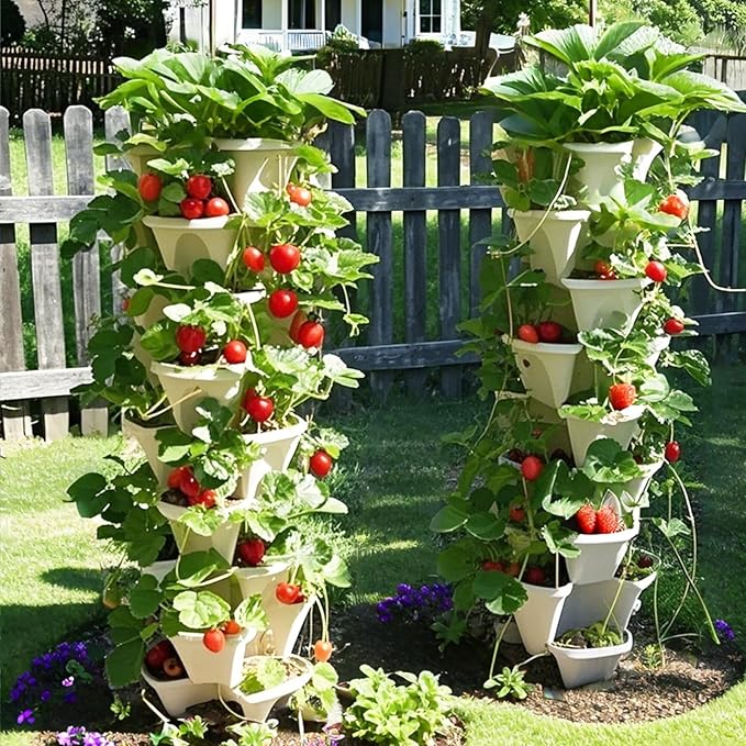 7 Tiered Strawberry Planters 3 Pack, Vertical Stackable Planter, Herb Stacking Tower Garden, Flower and Vegetable Planters with Support Pole Indoor & Outdoor with Removable Wheels - White