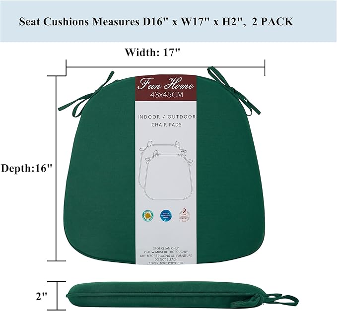 FUNHOME 17"x16"x2" Outdoor Chair Cushions Set of 4, Water Resistant Patio Chair Pads with Ties, Seat Cushions for Home Garden Furniture Decoration-Dark Green