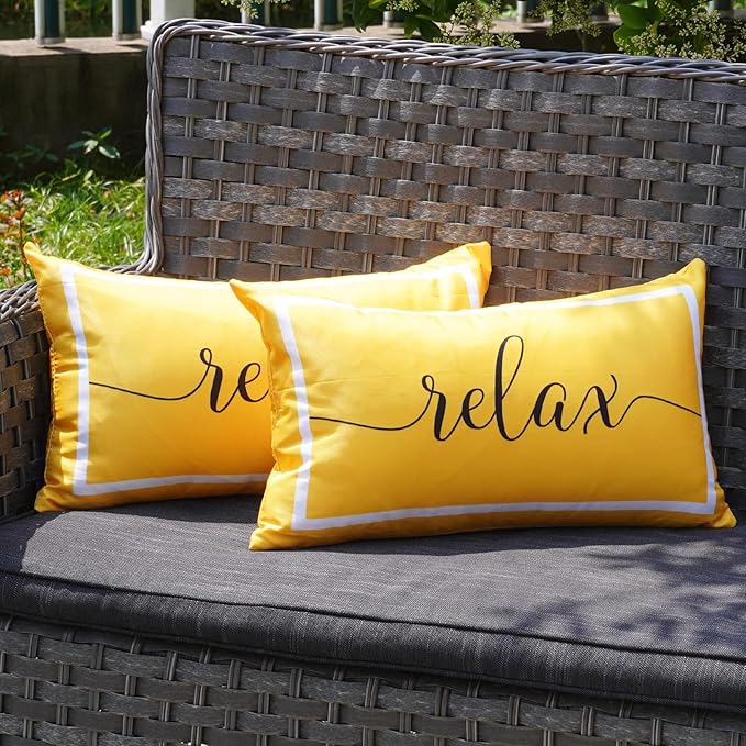 ONWAY Outdoor Waterproof Throw Pillow Covers 12x20 Set of 2 Yellow and White Relax Decorative Pillowcase for Patio Furniture Garden Couch Tent Balcony