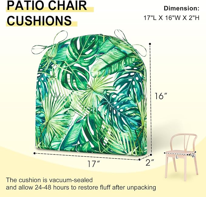 downluxe Outdoor Chair Cushions Set of 4 for Patio Furniture, Water-Resistant Patio Chair Cushions with Ties, High Density Foam Outdoor Seat Cushion, 17" X 16" X 2", Palm Leaves