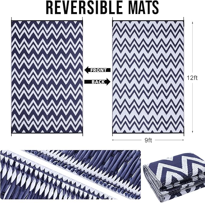 OLANLY Waterproof Outdoor Rug 9x12 ft Clearance, Reversible Outdoor Plastic Straw Rug, RV Mat, Indoor Outdoor Carpet for Patio, Camping, Balcony, Deck, Backyard, Navy & White