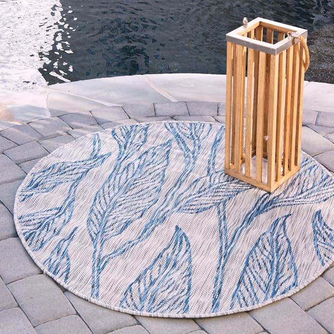 Unique Loom Outdoor Botanical Collection Area Rug - Leaf (13' Round, Light Gray/ Ivory)