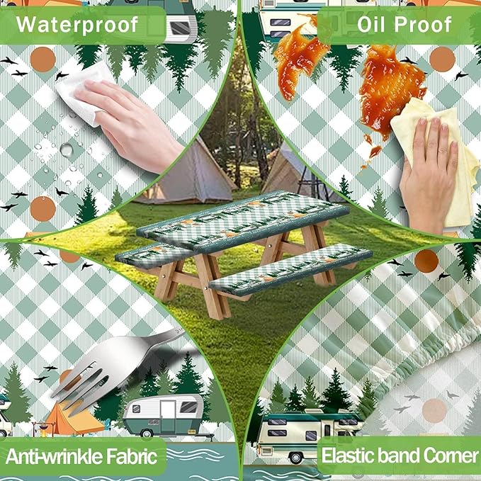 Picnic Table Cover with Bench Covers, Buffalo Plaid Camping Waterproof Windproof Fitted Tablecloth Cover with Elastic Edge, Camping Fitted Tablecloth with Drawstring Bag, 72in, Green