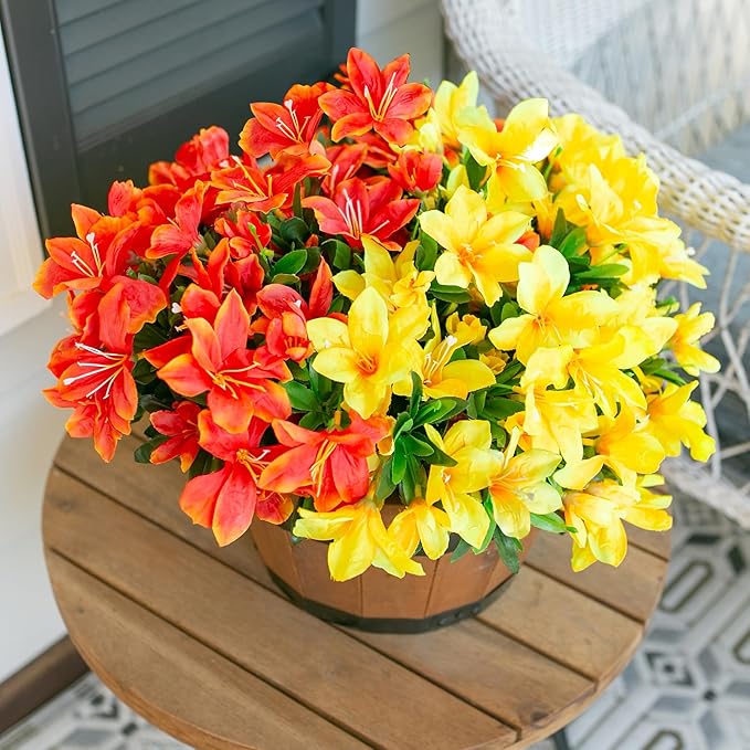 INSPRING Artificial Fake Flowers for Outdoors Spring Decoration, 3 Bundles Realistic Faux Azalea Plants Flower UV Resistant Silk Flowers for Outside Outdoor Planter Porch Patio Yard Garden Home, Mix