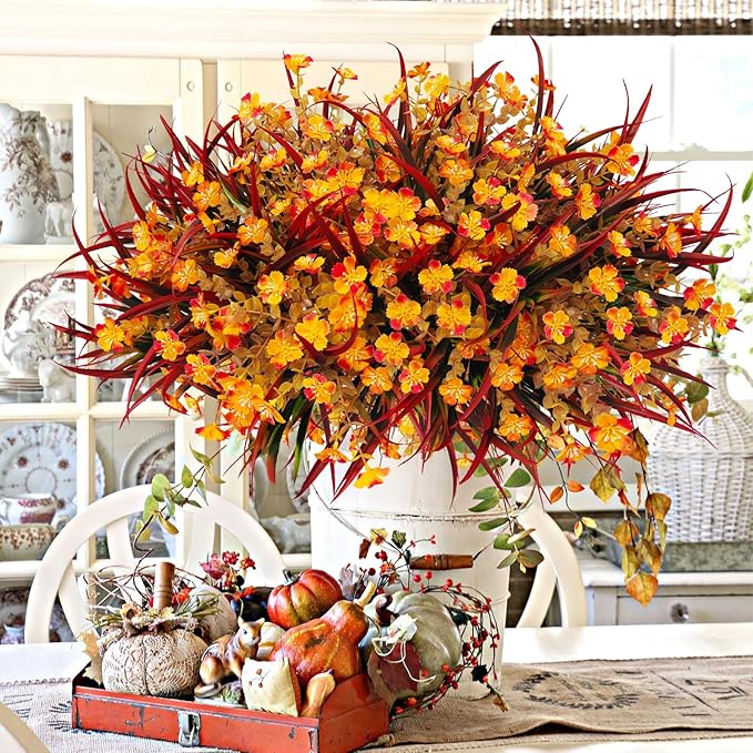 Artificial Fall Flowers Faux Mums, Autumn Outdoor Indoor Decor, Fake Daisy Plants with Eucalyptus Leaves Grass, Orange Flowers UV Resistant Greenery for Porch Patio Boxwood Home Garden, 12PCS