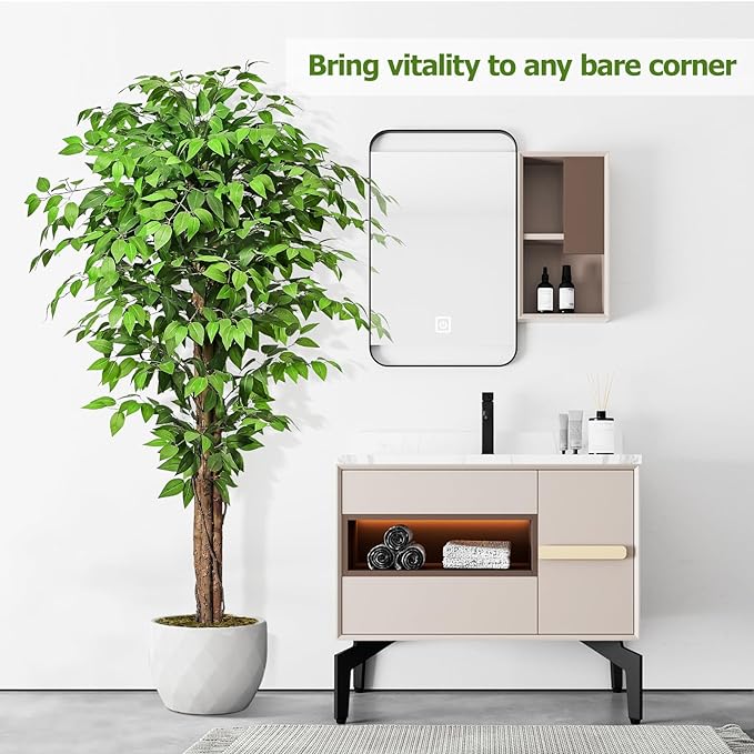 6.2ft Ficus Artificial Trees with 3 Natural Curved Trunks, 74" Tall Lush Faux Tree for Home Decor Indoor, Green Lifelike Fake Ficus Tree Plants (Set of 2)