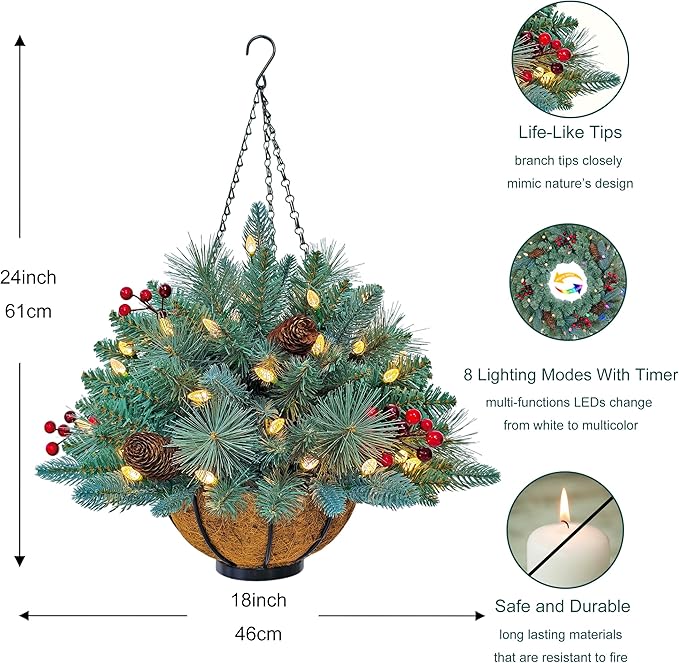 18 Inches Pre-lit Blue Spruce Artificial Christmas Hanging Basket with Red Berries, Pine Cones,40 C3 Dual-Color Multi-Functional Battery Operated LED Lights with Timer