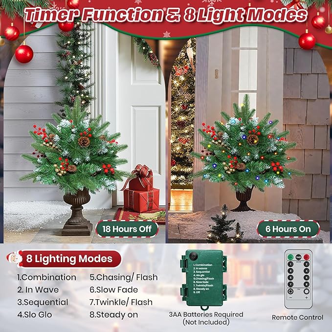 Set of 2 23.6 Inch Lighted Outdoor Christmas Tree Christmas Planter Filler with Remote, 8 Modes, Battery Operated Urn Filler Porch Decorations with Pine Cones, Red Berries for Pathway Yard Home Decor
