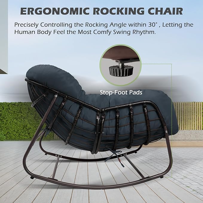 Papasan Rocking Chair, Oversized Papasan Chair with Cushion and Frame for Indoor& Outdoor, Deep Seat Egg-Shaped Rocker Chair for Garden, Deck, Living Room, Blue