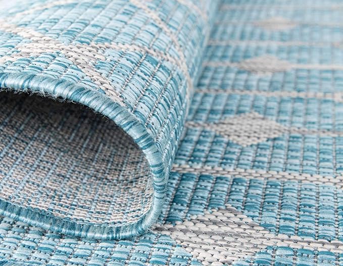 Unique Loom Outdoor Trellis Collection Area Rug - Tribal Trellis (8' x 8' Rectangle, Aqua/ Ivory)