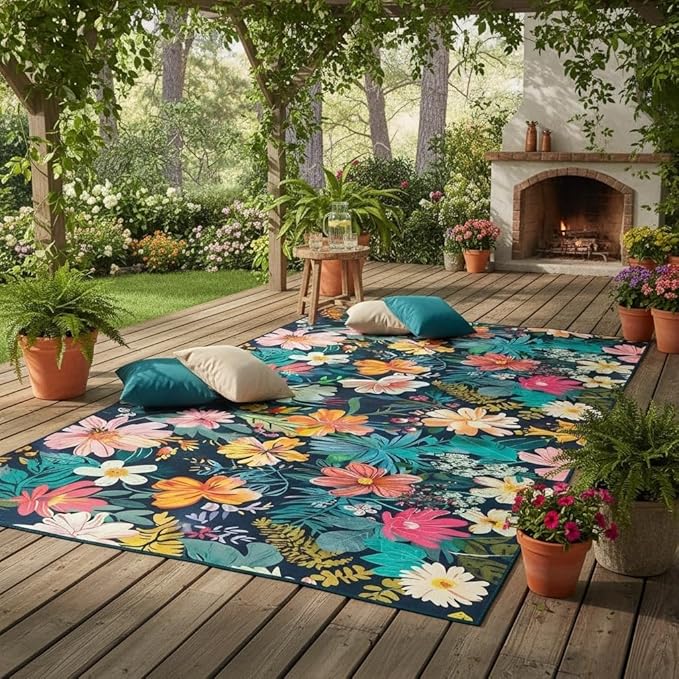 Waterproof 2x3 Floral Outdoor Rug Tropical Botanical Floral Outdoor Area Rug for Balcony Patio Porch Garden Camping Pool Deck Yard Multi Flowers Machine Washable Large Carpet Anti Slip Backing Mat