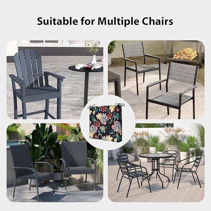 Outdoor Chair Cushions Set of 4, 18.5 x 16 Inch Patio Chair Cushions for Outdoor Furniture, Water Resistant, Non-Slip Ties(Black Floral)
