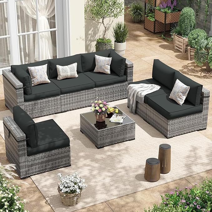 Patio Sectional Cushions, 14-Piece Replacement Cushions for Outdoor Furniture, Water-Resistant Outdoor Sofa Cushion for 6-Seat Rattan Wicker Sectional Conversation Sets (Dark Gray)