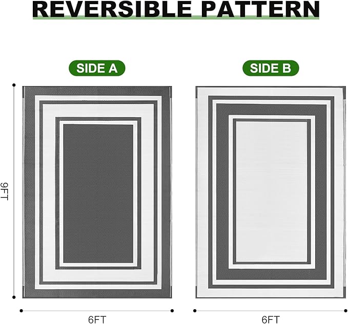 RURALITY Outdoor Rugs 6x9 Waterproof for Patios Clearance,Plastic Straw Mats for Backyard,Porch,Deck,Balcony,Reversible,Grey&White
