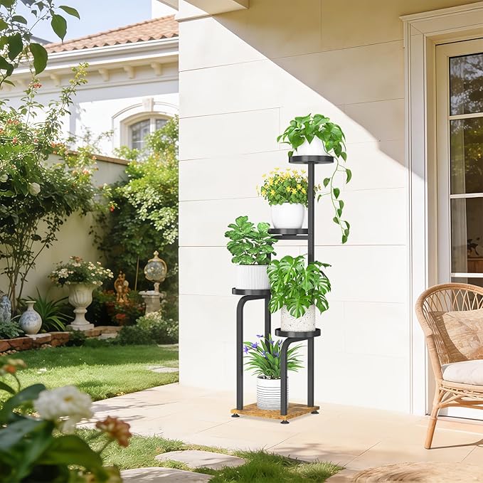 iDavosic.ly Tall Plant Stand Indoor, 4 Tier Corner Multiple Flower Holder Shelf with Metal Trays, Space Saving Display Rack for Living Room Balcony Patio Porch Outdoor | Black & Brown