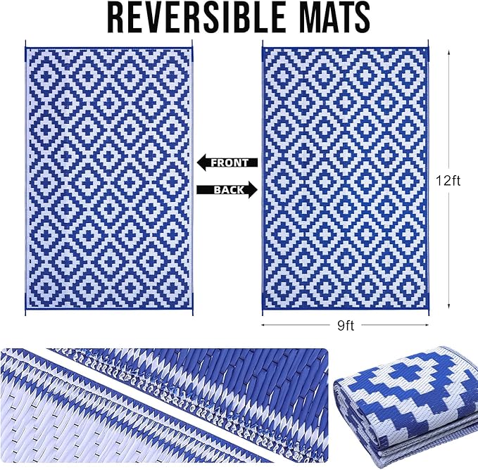 OLANLY Waterproof Outdoor Rug 9x12 ft, Outdoor Plastic Straw Rug for Camping, RV Mat Outside, Outdoor Carpet for Porch, Deck, Backyard, Balcony, Picnic, Blue & White