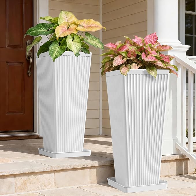 Tapered Tall Planters for Outdoor Plants 2 Pack- 23.6 Inch Square Indoor Flower Pots with Drainage Holes and Partition/Tray Saucers, Large Outdoor Planters for Porch Patio Garden, White