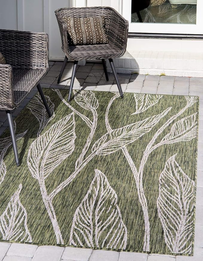 Unique Loom Outdoor Botanical Collection Area Rug - Leaf (4' 1" x 6' 1" Rectangle, Green/ Ivory)